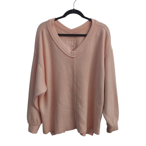 AERIE Wonder Texture V-Neck Pullover Oversized Sweatshirt In Light Pink - Picture 1 of 13